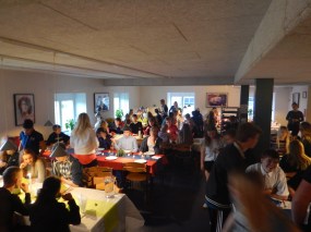 Dinner time at the school. Everyone eats together.